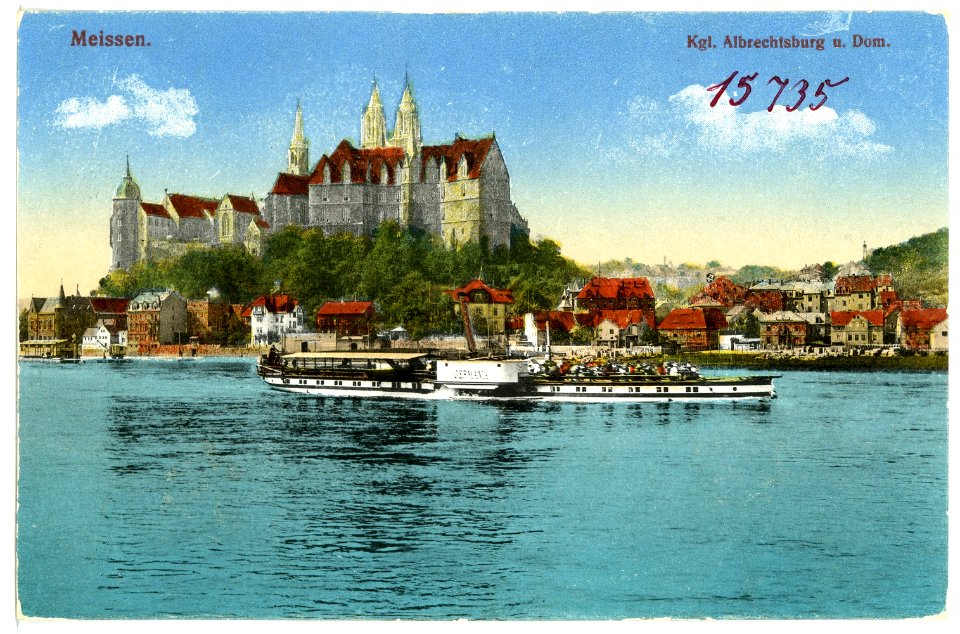 15735-Meißen-1913-Albrechtsburg und Dom - Elbe mit Dampfer Germania-Brück & Sohn Kunstverlag