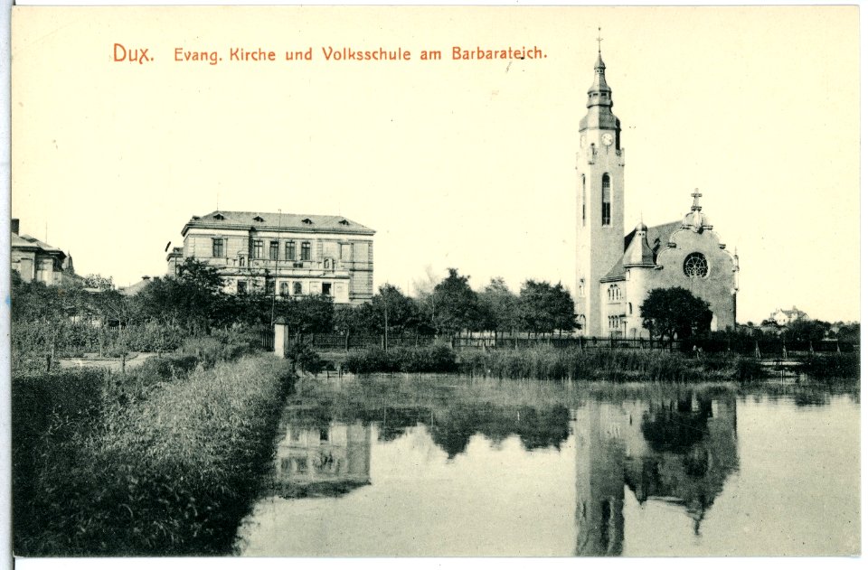 14300-Dux-1912-Evanglische Kirche und Volksschule am Barbarateich-Brück & Sohn Kunstverlag