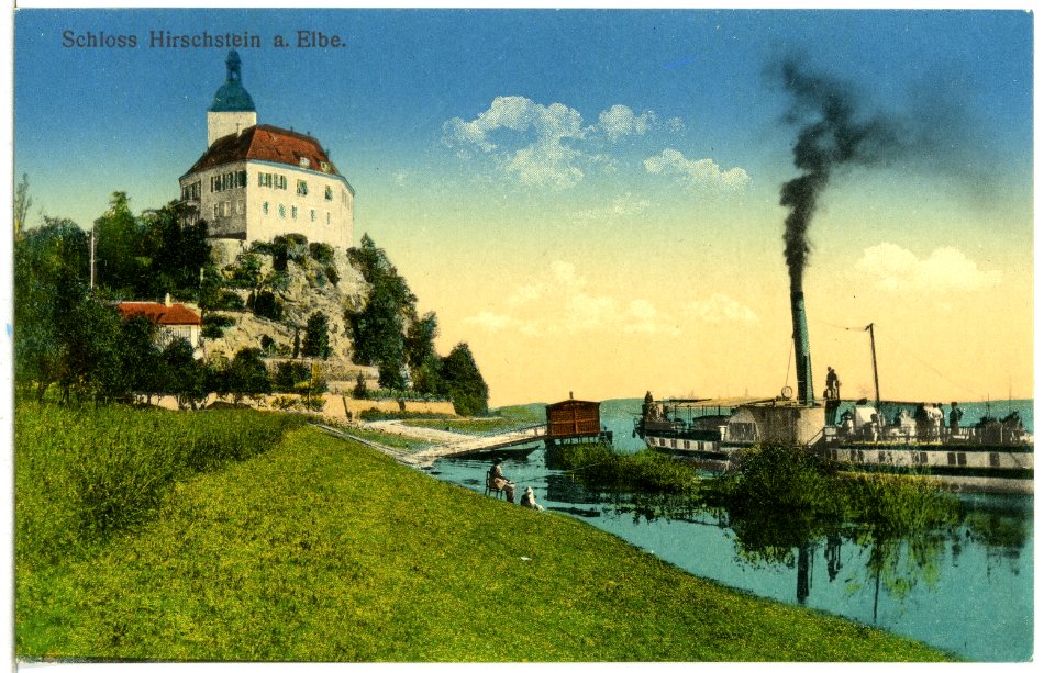 14428-Hirschstein-1912-Schloß mit Elbe und Dampfer Bohemia-Brück & Sohn Kunstverlag