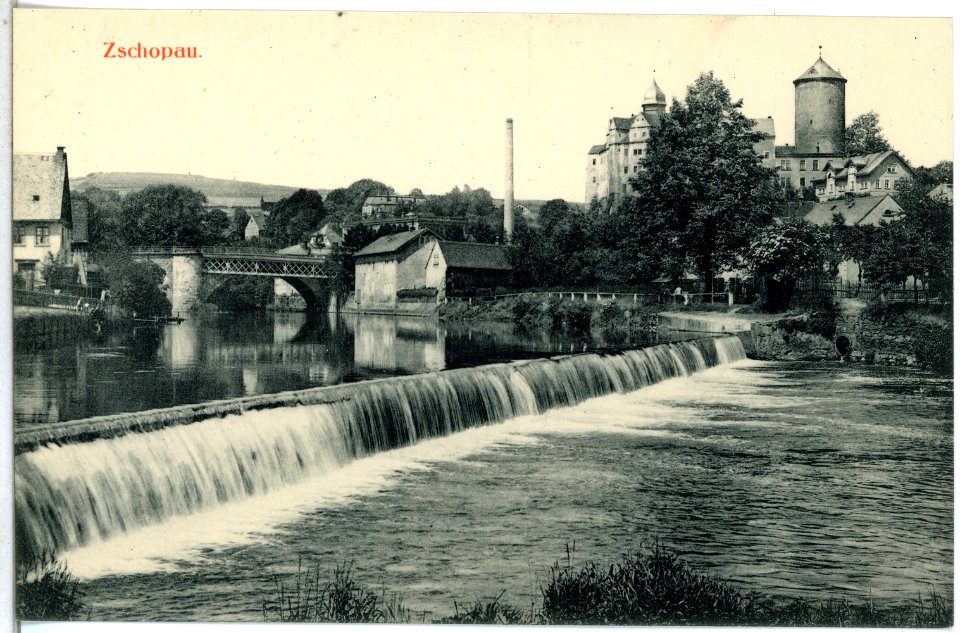 14422-Zschopau-1912-Muldenwehr und Schloß-Brück & Sohn Kunstverlag
