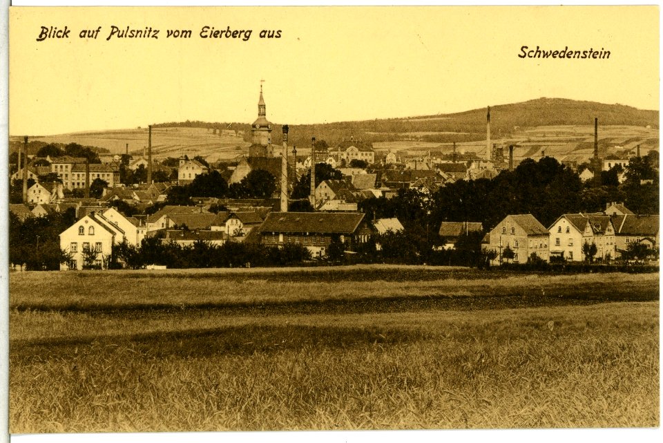 14999-Pulsnitz-1912-Blick auf Pulsnitz mit Schwedenstein vom Eierberg aus-Brück & Sohn Kunstverlag