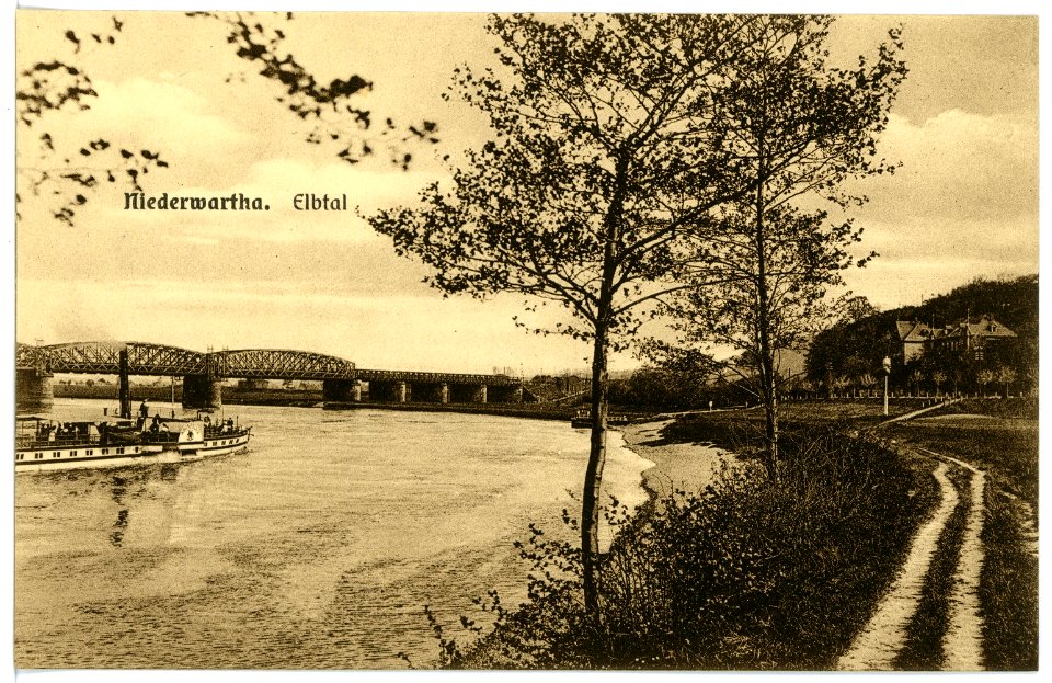 15632-Niederwartha-1913-Elbe mit Brücke und Dampfer Kronprinz-Brück & Sohn Kunstverlag