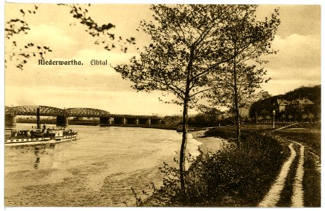 15632-Niederwartha-1913-Elbe mit Brücke und Dampfer Kronprinz-Brück & Sohn Kunstverlag