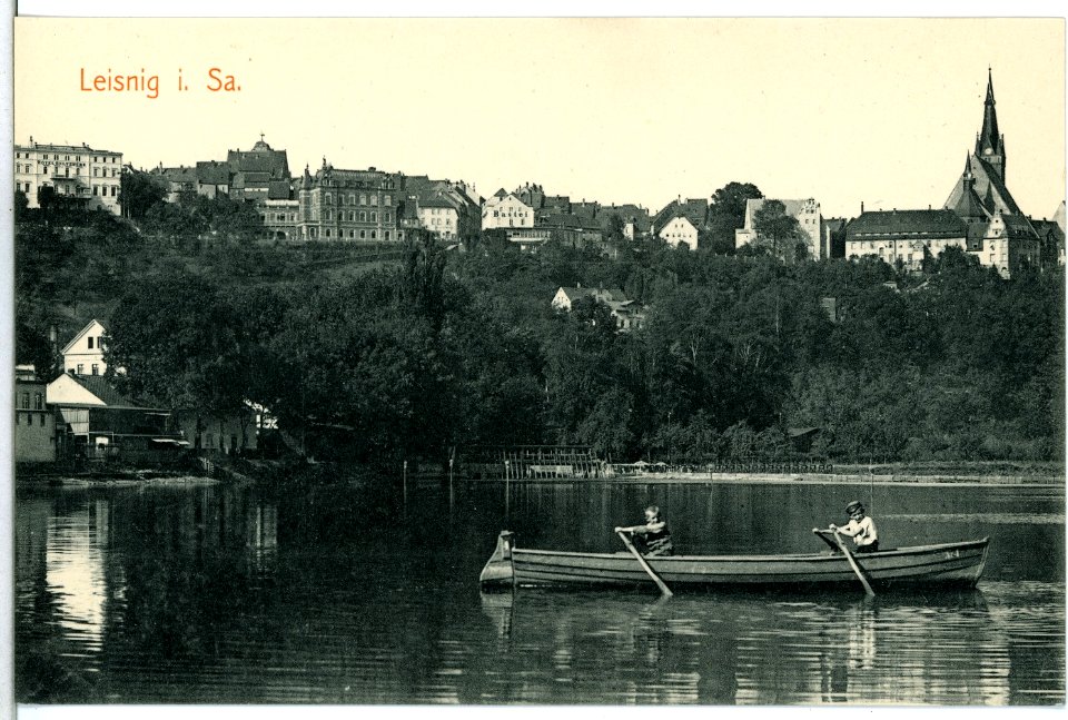 14250-Leisnig-1912-Blick auf Leisnig - Mulde mit Ruderkahn-Brück & Sohn Kunstverlag