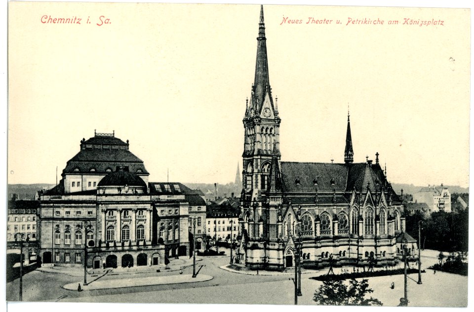 15613-Chemnitz-1913-Neues Theater und Petrikirche am Königsplatz-Brück & Sohn Kunstverlag