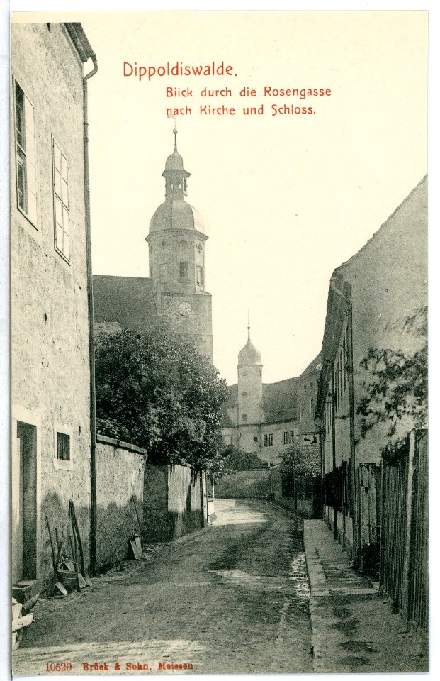 10520-Dippoldiswalde-1908-Blick durch die Rosengasse auf Kirche und Schloß-Brück & Sohn Kunstverlag