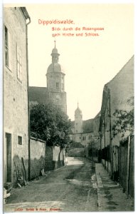 10520-Dippoldiswalde-1908-Blick durch die Rosengasse auf Kirche und Schloß-Brück & Sohn Kunstverlag