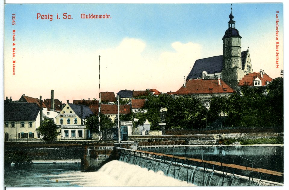 10545-Penig-1908-Muldenwehr und Kirche-Brück & Sohn Kunstverlag