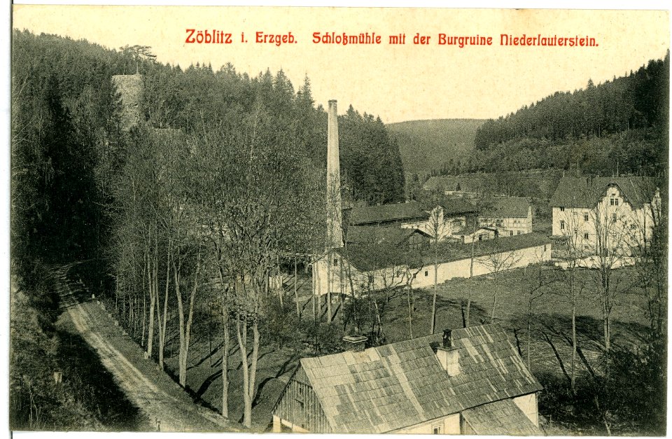 10998-Zöblitz-1909-Schloßmühle mit der Burgruine Niederlauterstein-Brück & Sohn Kunstverlag