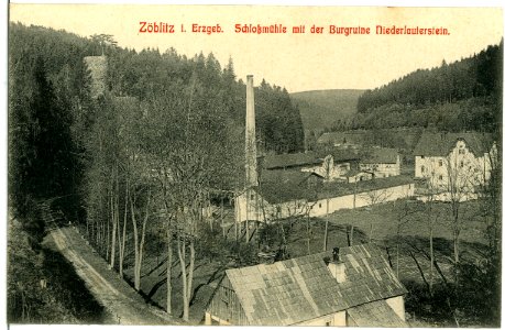 10998-Zöblitz-1909-Schloßmühle mit der Burgruine Niederlauterstein-Brück & Sohn Kunstverlag