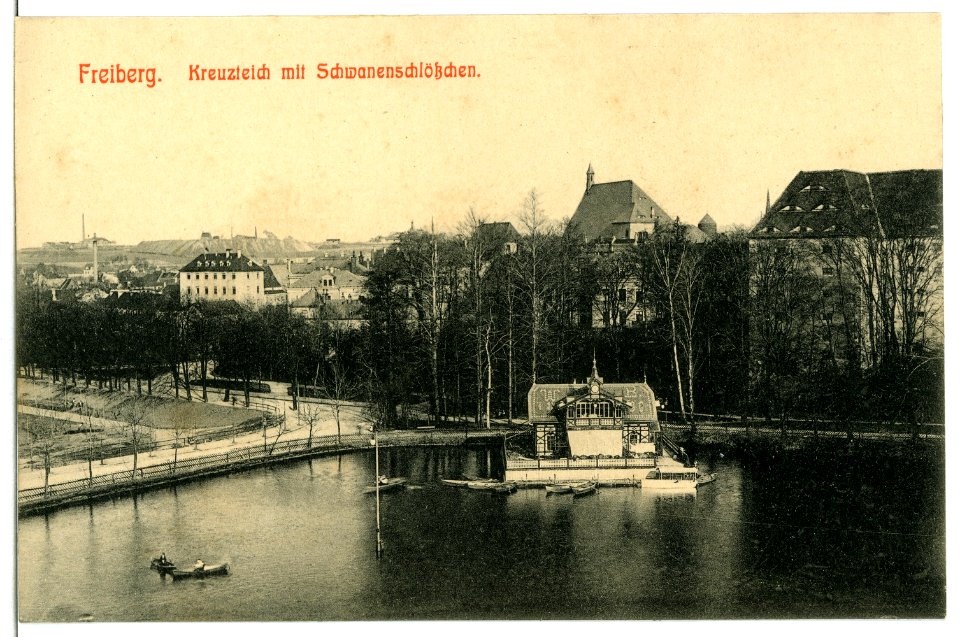 10974-Freiberg-1909-Kreuzteich mit Schwanenschlößchen-Brück & Sohn Kunstverlag