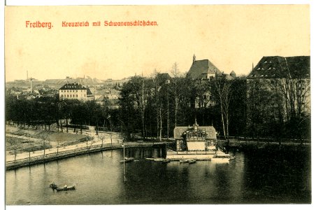 10974-Freiberg-1909-Kreuzteich mit Schwanenschlößchen-Brück & Sohn Kunstverlag