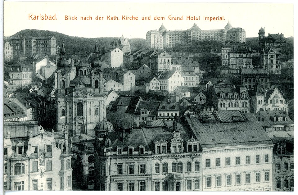 14908-Karlsbad-1912-Blick nach der katholischen Kirche und Grandhotel Imperial-Brück & Sohn Kunstverlag