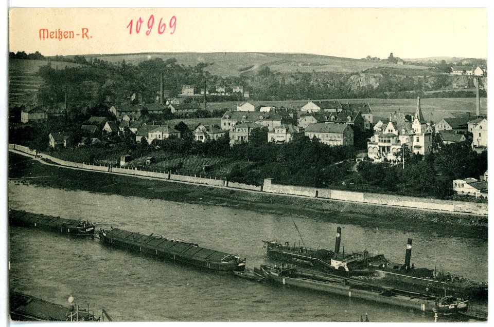 10969-Meißen-1909-Meißen Rechts - Elbe mit Schleppzug Adler-Brück & Sohn Kunstverlag
