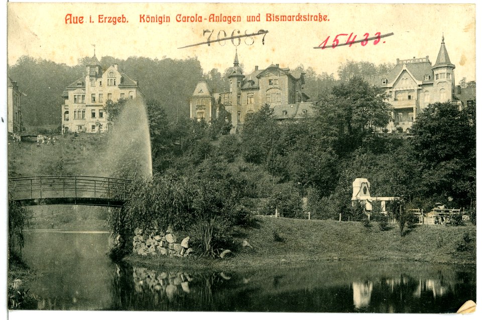 10778-Aue-1909-Königin Carola Anlagen und Bismarckstraße-Brück & Sohn Kunstverlag
