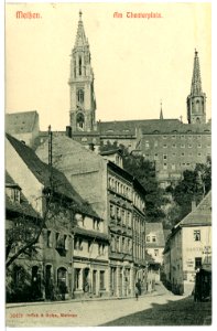 10418-Meißen-1908-Theaterplatz mit Gasthaus Birnbaum und Domtürme-Brück & Sohn Kunstverlag
