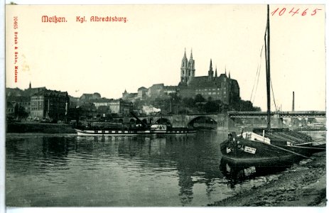 10465-Meißen-1908-Burgberg, Elbe mit Dampfer und Segellastkahn-Brück & Sohn Kunstverlag