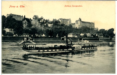 10364-Pirna-1908-Schloß Sonnenstein - Elbe mit Dampfer Bastei-Brück & Sohn Kunstverlag