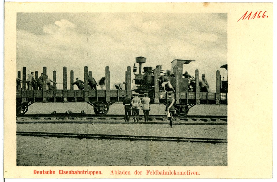 11166-Nünchritz-1910-Deutsche Eisenbahntruppen - Abladen der Feldbahnlokomotive-Brück & Sohn Kunstverlag