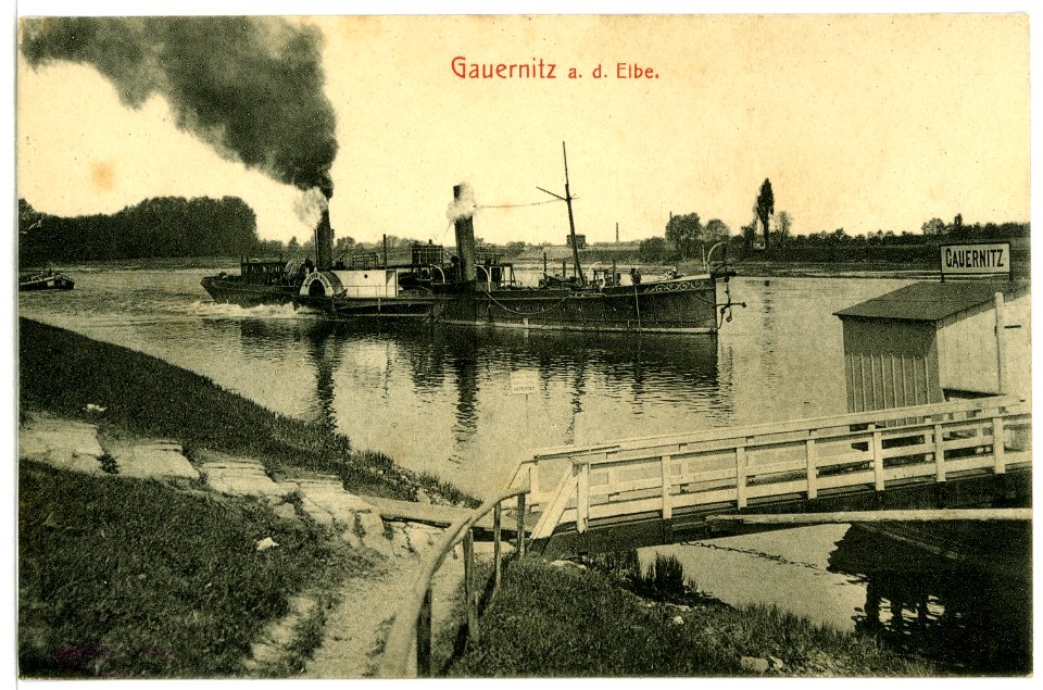 10868-Gauernitz-1909-Elbe mit Schleppzug und Anlegestelle-Brück & Sohn Kunstverlag