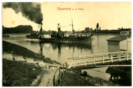 10868-Gauernitz-1909-Elbe mit Schleppzug und Anlegestelle-Brück & Sohn Kunstverlag