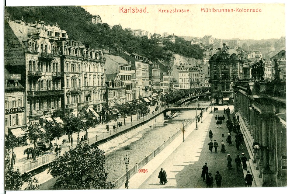 09926-Karlsbad-1908-Kreuzstraße, Mühlbrunnen-Kolonnade-Brück & Sohn Kunstverlag