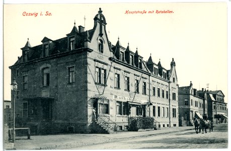 09721-Coswig-1908-Hauptstraße und Ratskeller-Brück & Sohn Kunstverlag