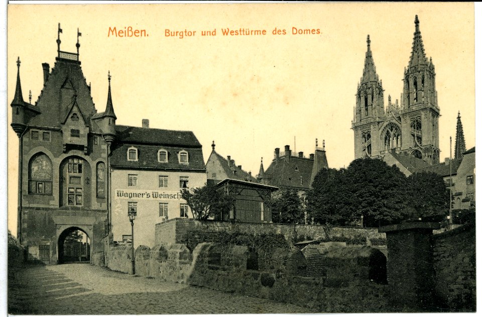 10401-Meißen-1908-Schloßbrücke, Burgtor, Westtürme des Doms-Brück & Sohn Kunstverlag