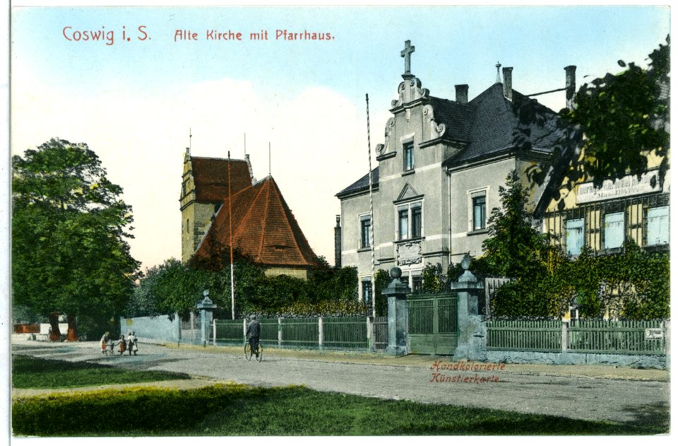09715-Coswig-1908-Alte Kirche mit Pfarrhaus-Brück & Sohn Kunstverlag