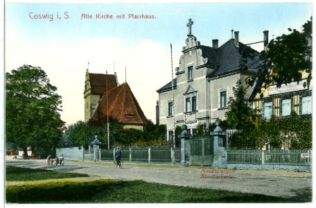 09715-Coswig-1908-Alte Kirche mit Pfarrhaus-Brück & Sohn Kunstverlag