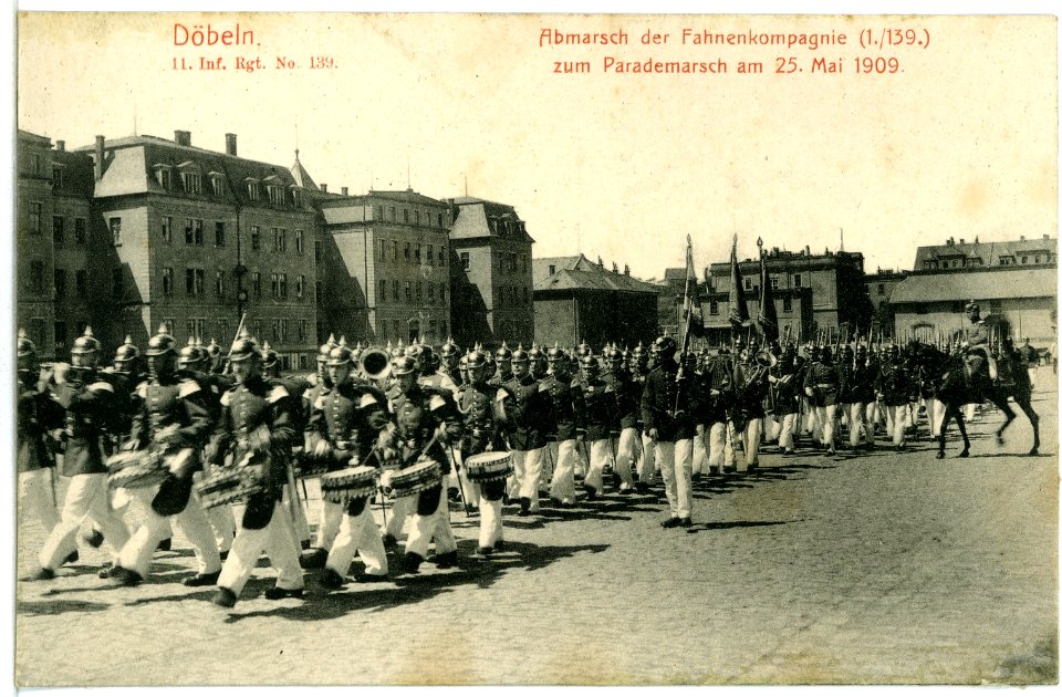 10821-Döbeln-1909-Abmarsch der Fahnenkompanie, 11. Infanterie Regiment Nr. 139-Brück & Sohn Kunstverlag