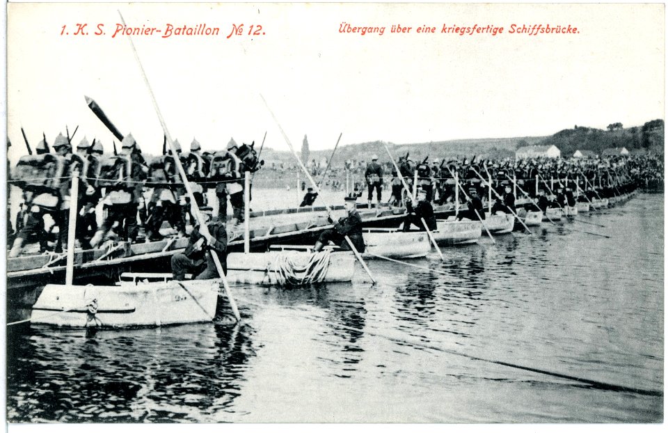 11161--1910-1. Königlich Sächsisches Pionier-Bataillon Nr. 12 - Übergang über eine kriegsfähige Schiffsbrücke-Brück & Sohn Kunstverlag