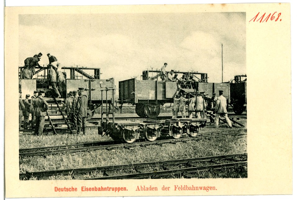 11168-Nünchritz-1910-Deutsche Eisenbahntruppen - Abladen der Feldbahnwagen-Brück & Sohn Kunstverlag