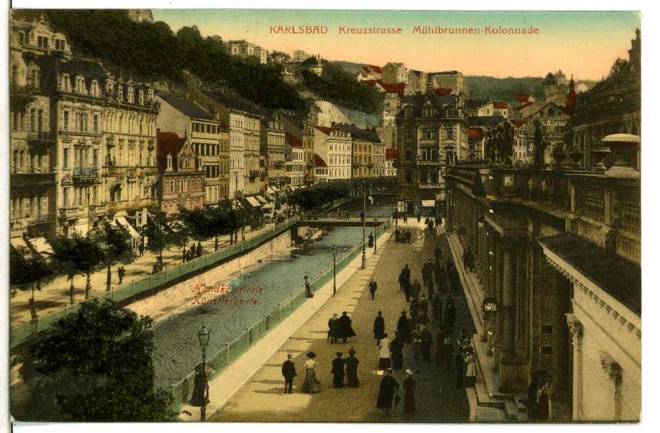 09925-Karlsbad-1908-Kreuzstraße, Mühlbrunnen-Kolonnade-Brück & Sohn Kunstverlag