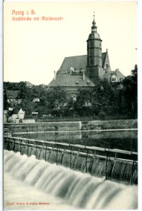 10587-Penig-1909-Stadtkirche mit Muldenwehr-Brück & Sohn Kunstverlag