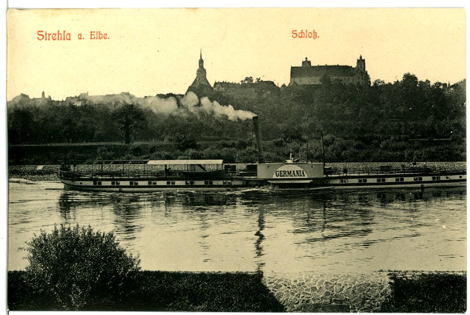 10187-Strehla-1908-Schloß und Elbe mit Dampfer Germania-Brück & Sohn Kunstverlag
