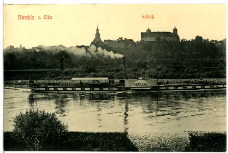 10187-Strehla-1908-Schloß und Elbe mit Dampfer Germania-Brück & Sohn Kunstverlag