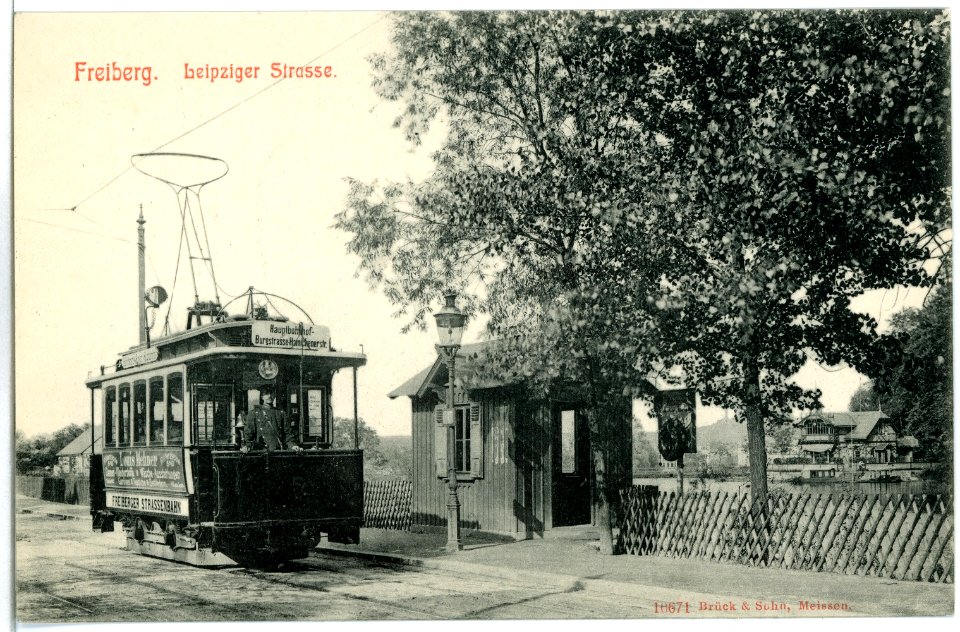 10671-Freiberg-1909-Leipziger Straße mit Straßenbahn-Brück & Sohn Kunstverlag