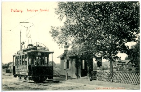 10671-Freiberg-1909-Leipziger Straße mit Straßenbahn-Brück & Sohn Kunstverlag