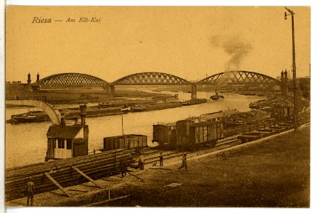 09515-Riesa-1908-Elbkai mit Lastkähnen und Güterwagen-Brück & Sohn Kunstverlag
