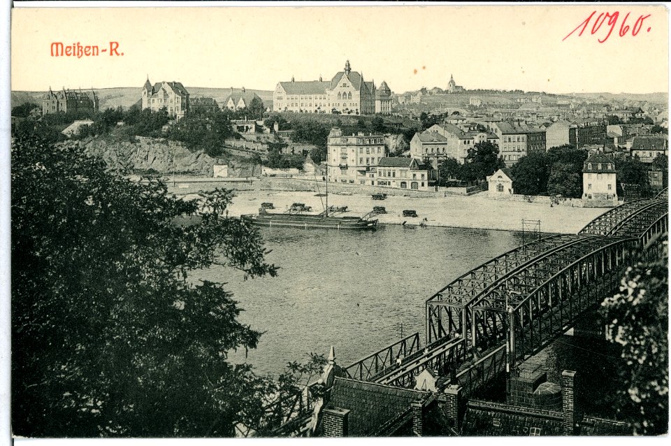 10960-Meißen-1909-Blick auf Niederfähre und Zscheila, Eisenbahnbrücke-Brück & Sohn Kunstverlag