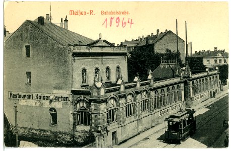 10964-Meißen-1909-Bahnhofstraße, Restaurant Kaisergarten, Straßenbahn-Brück & Sohn Kunstverlag