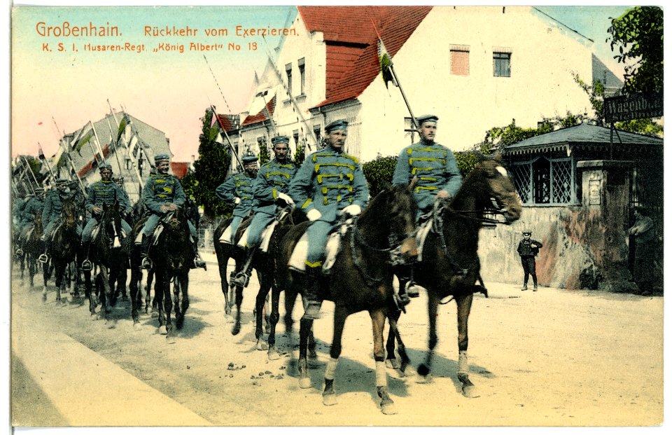 09805-Großenhain-1908-1. Königlich Sächsisches Husaren-Regiment König Albert Nr. 18 Rückkehr vom Exerzieren-Brück & Sohn Kunstverlag
