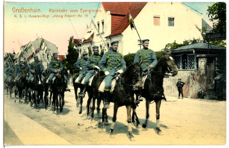 09805-Großenhain-1908-1. Königlich Sächsisches Husaren-Regiment König Albert Nr. 18 Rückkehr vom Exerzieren-Brück & Sohn Kunstverlag