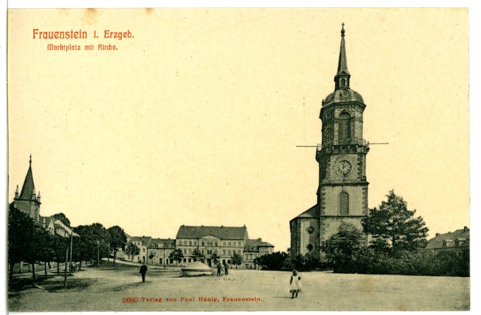 09680-Frauenstein-1908-Marktplatz mit Kirche-Brück & Sohn Kunstverlag
