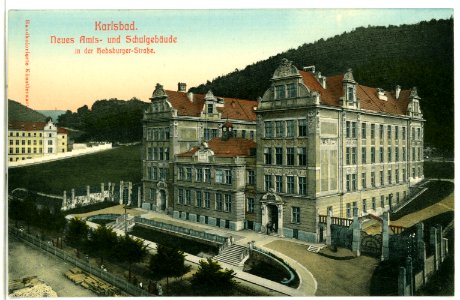 09644-Karlsbad-1908-Neues Amts- und Schulgebäude in der Habsburger Straße-Brück & Sohn Kunstverlag