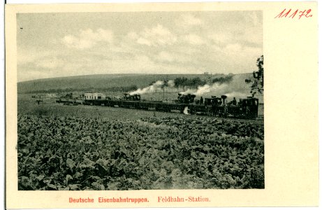11172-Seeligstadt-1910-Deutsche Eisenbahntruppen - Feldbahn-Station mit Zug-Brück & Sohn Kunstverlag