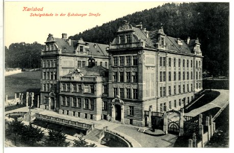 09643-Karlsbad-1908-Neues Schulgebäude in der Habsburger Straße-Brück & Sohn Kunstverlag