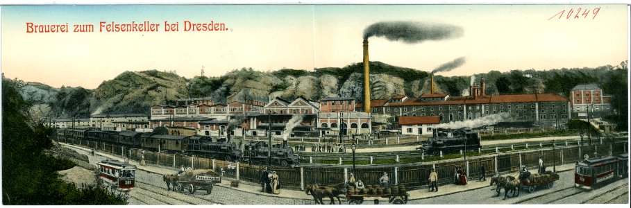 10249-Dresden-1908-Felsenkeller-Brauerei mit Eisenbahn, Straßenbahn-Brück & Sohn Kunstverlag