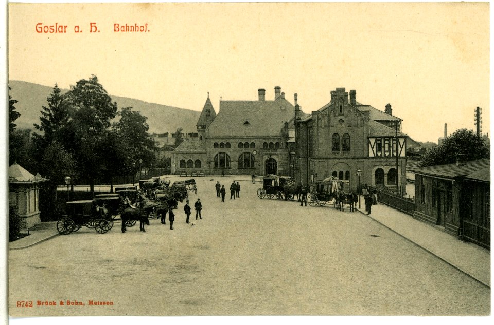 09742-Goslar-1908-Bahnhof mit Pferdedroschken-Brück & Sohn Kunstverlag